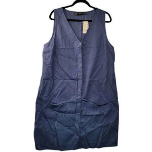 New York & Company Linen Blend Button Front Shift Dress Rich Navy Blue Large New